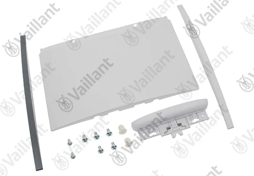 Vaillant-Zubehör, bestehend aus einer Klappe, einem Halter und mehreren Schrauben. Teile in neutralen Farben auf hellem Hintergrund.